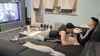 My boy surprised me with a nice blowjob while I was gaming and I shot my cum in his mouth