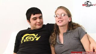 Skinny Wife with glasses fucks a BBC in front of the cuckold