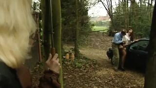 Pretty brunette pussy fucking in dogging position in the car