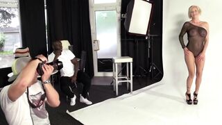 Oiled big boobed MILF takes big black meat in her shaved cunt