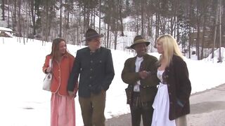 Horny babes bend over as they get fucked by monster black cocks to cumshot