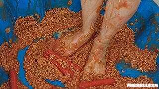 Feet in beans and sausages, foot worship sesy soles