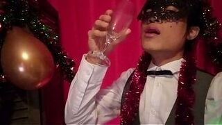 Happy New Year! The cute French-Asian twink Jon Arteen jerks off, ejaculates into a glass, and drinks his own semen