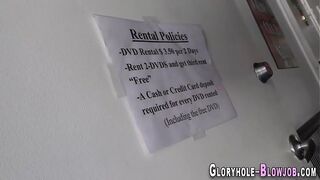 Brunette at gloryhole gives bbc blowjob