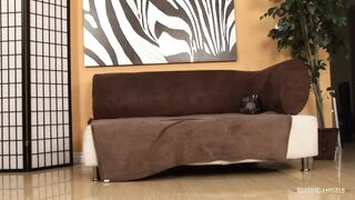 Blonde chick lets a black guy lick and drill her pussy on the couch