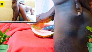 Teen Fucking watermelon while watching porn movie of Dicksex and Givensex fucking together till I got CUM, so wet and hot pussy!