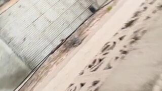 Cute girl does pee in her shorts and made a double waterfall