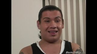 Long haired latino dude takes a black cock up his ass